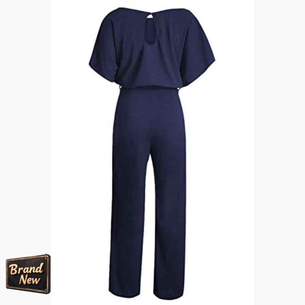 Small Jumpsuit with Belt, Ruffles, Wide Leg, Polyester Spandex